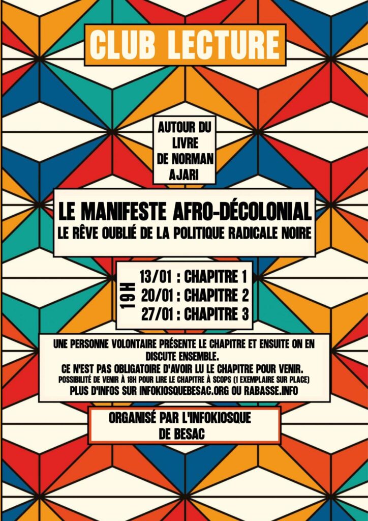 Affiche de l'événément Club lecture autour du livre de Norman Ajari, Le manifeste afro-décolonial
